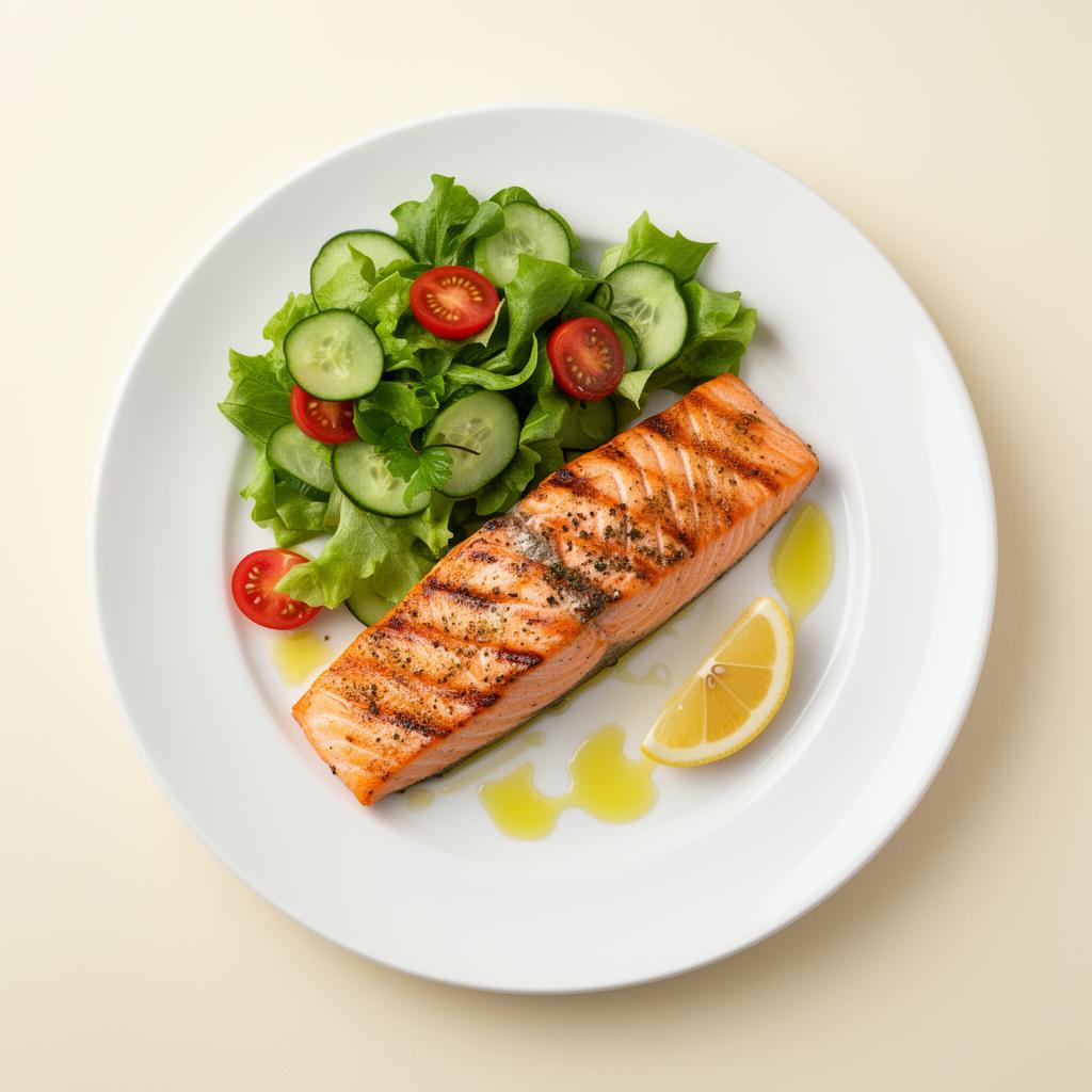 Plate with grilled salmon and fresh salad